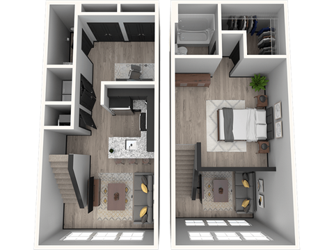 Floor plan for 1 bed, 1.5 baths, 1008 sqft